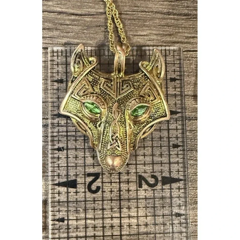 Wolf Head Pendant Bronze Tone Necklace Green Glass Eye Celtic Statement 16”